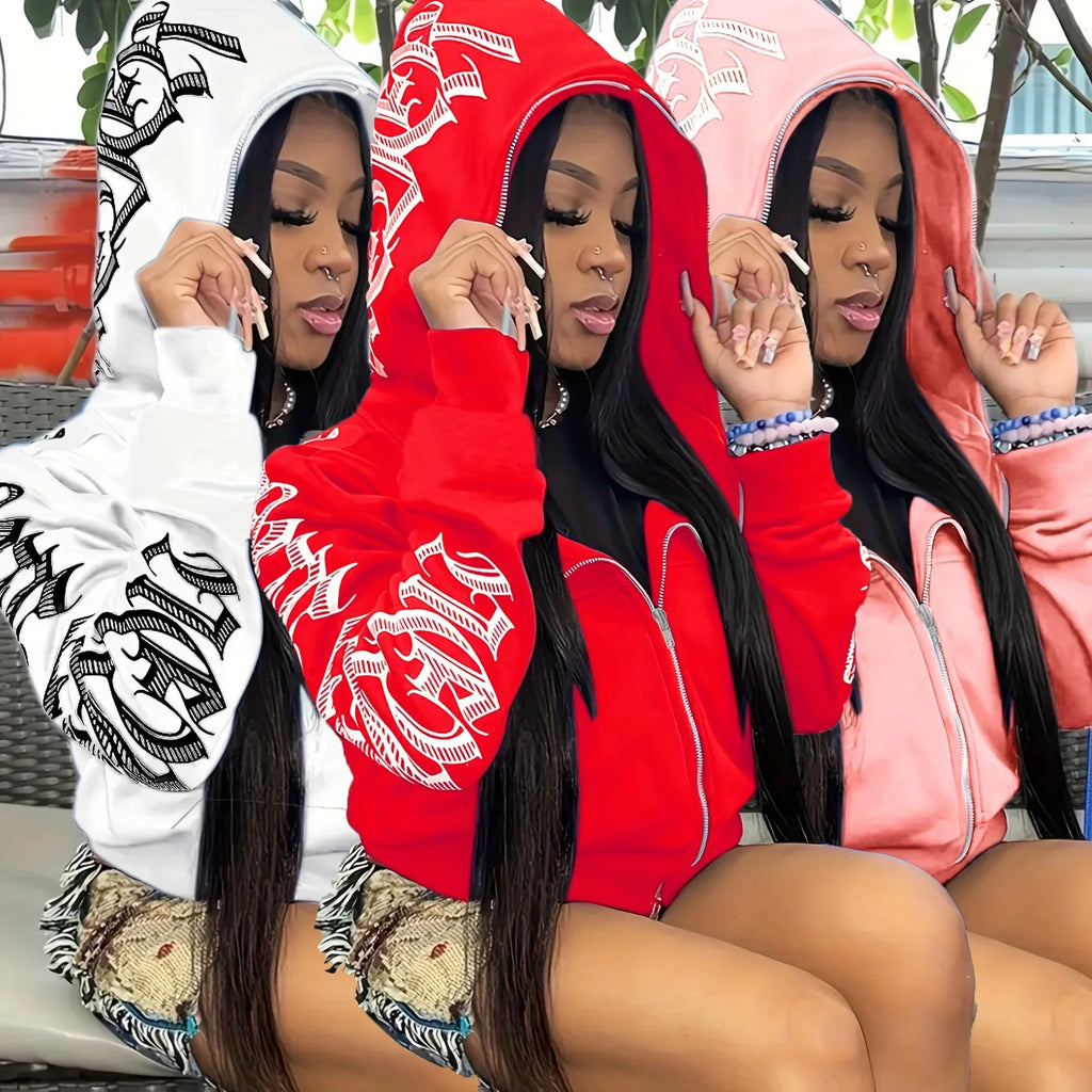 Y2K Cyber Gothic Punk Zip-Up Hoodie — Letter Print Long Sleeve Streetwear