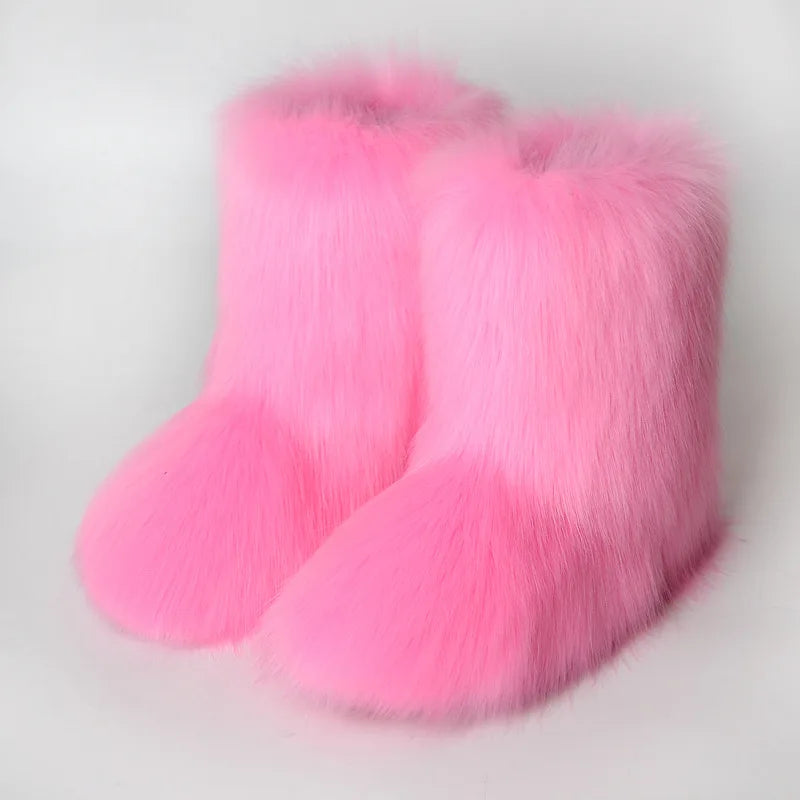 Y2K Luxury Faux Fur Winter Boots — Fluffy Mid-Calf Snow Boots