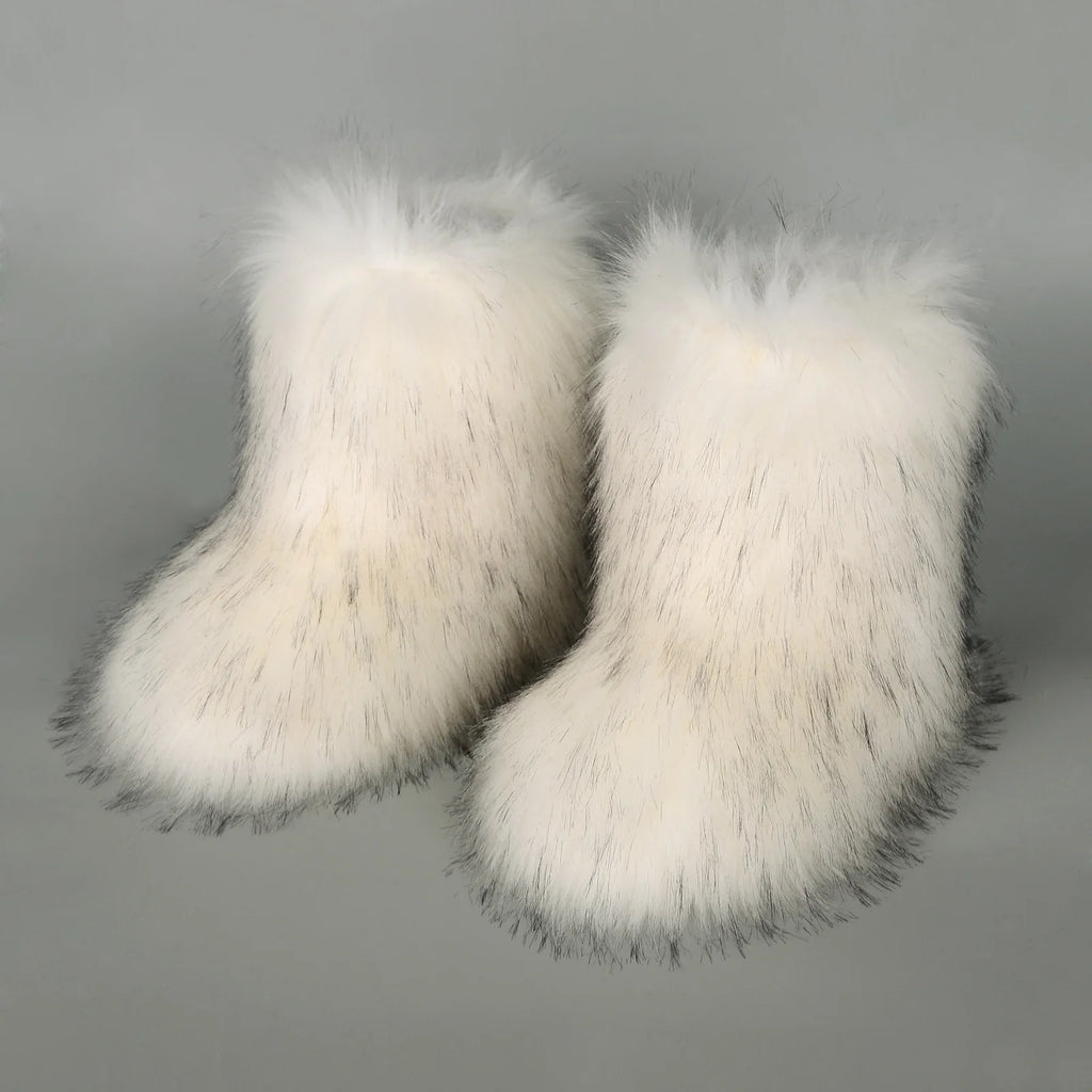 Y2K Luxury Faux Fur Winter Boots — Fluffy Mid-Calf Snow Boots