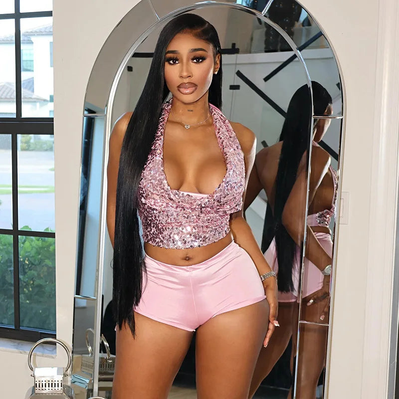 Y2K Wild Heat Set —  Sequin Deep-V Crop Top + Shorts Two-Piece Outfit