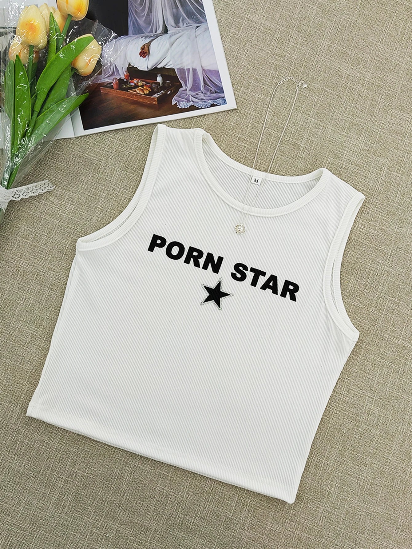 Y2K “Porn Star” Star Baby Tank — Graphic White Crop Top