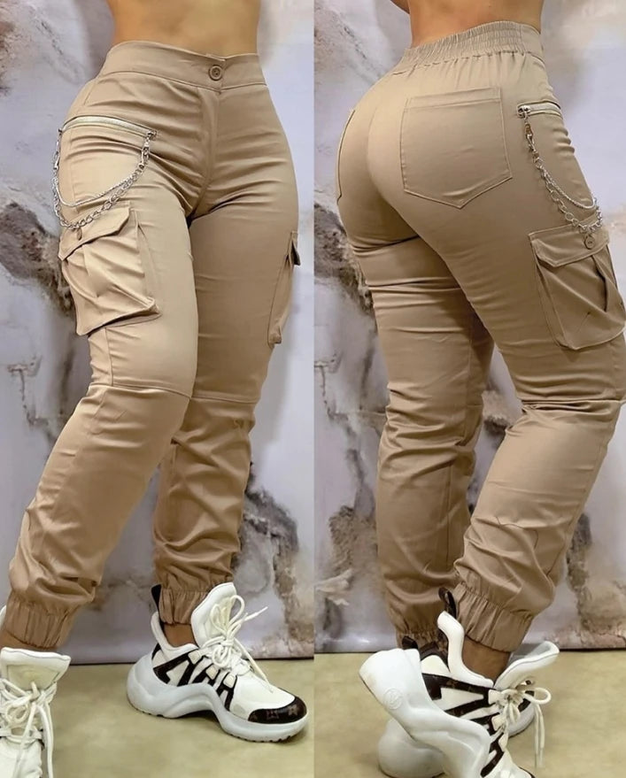 Y2K Chain Code Cargo Pants — Cuffed Streetwear Work Pants with Pocket + Chain