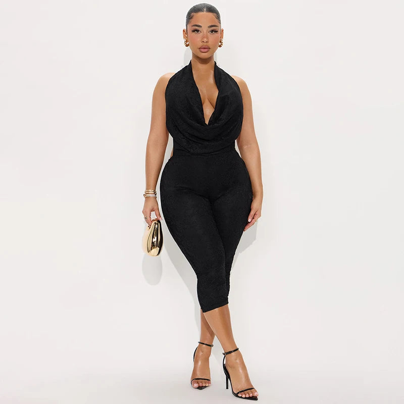 Y2K Luna Lace Jumpsuit — Backless Halter Lace Patchwork Skinny Jumpsuit