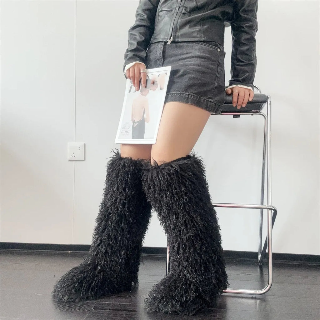 Y2K Arctic Angel Faux Fur Boots — Luxury Knee-High Winter Snow Boots
