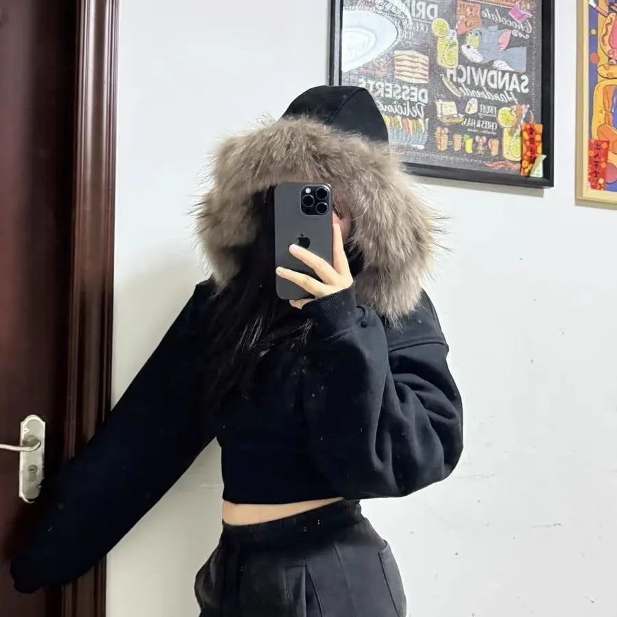 Y2K Aesthetic Short Coat 2000s Vintage Fur Collar Crop Jacket