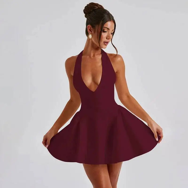 Y2K Veluxe Halo Mini Dress — Backless V-Neck A-Line Party Dress