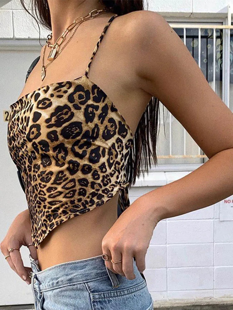 Y2K Wild Signal Top — Leopard Print Lace-Up Backless Crop Top