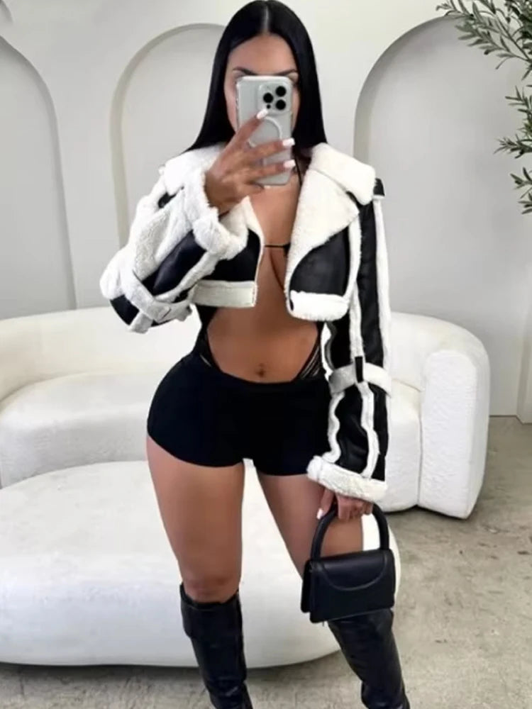 Y2K Electric Fluff Jacket — Furry Patchwork Cropped Coat