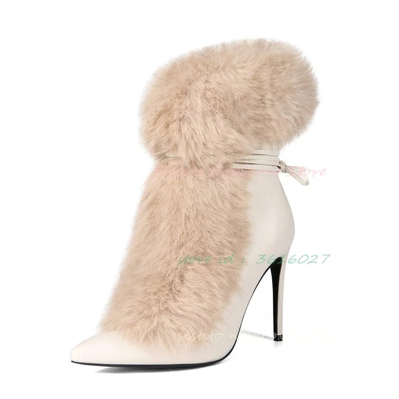 Y2K Frost Kiss Stiletto Boots — Pointed Toe Faux Fur Mid-Calf Heels