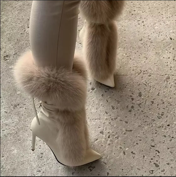 Y2K Frost Kiss Stiletto Boots — Pointed Toe Faux Fur Mid-Calf Heels