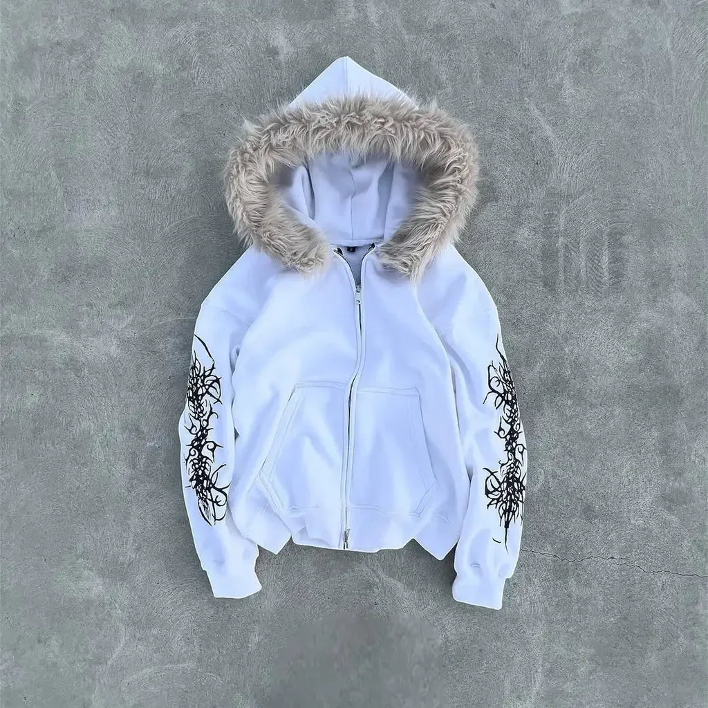 Y2K Plush Fur Zip-Up Hoodie — Cozy Thickened Jacket