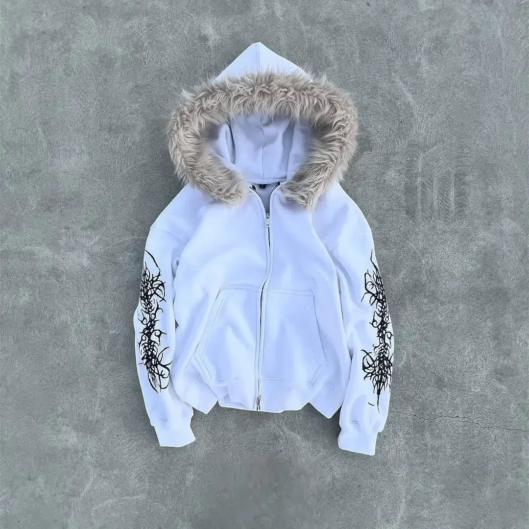 Y2K Plush Fur Zip-Up Hoodie — Cozy Thickened Jacket