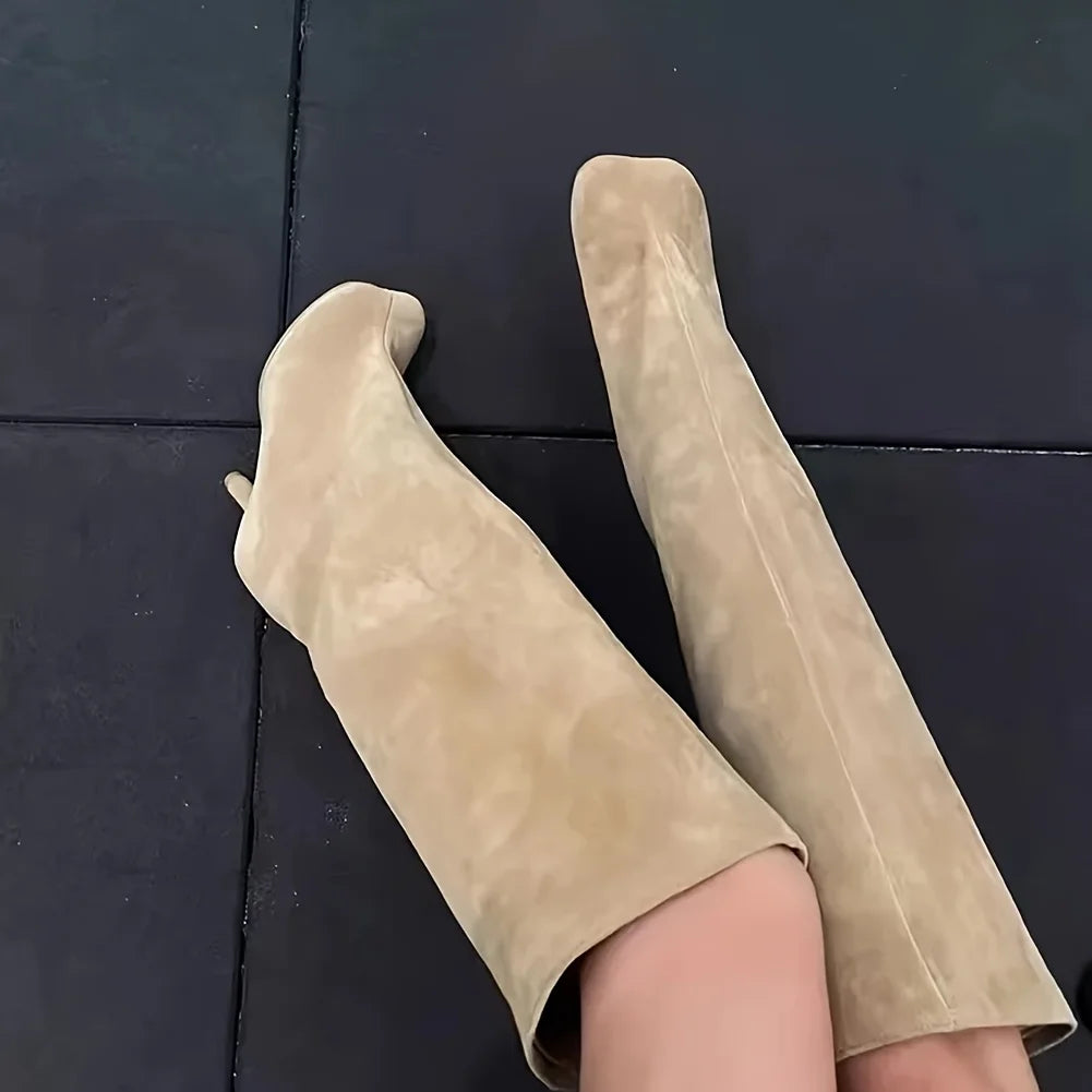 Y2K Suede Knee-High Boots — Square Toe Stiletto Heels for Party & Street Style