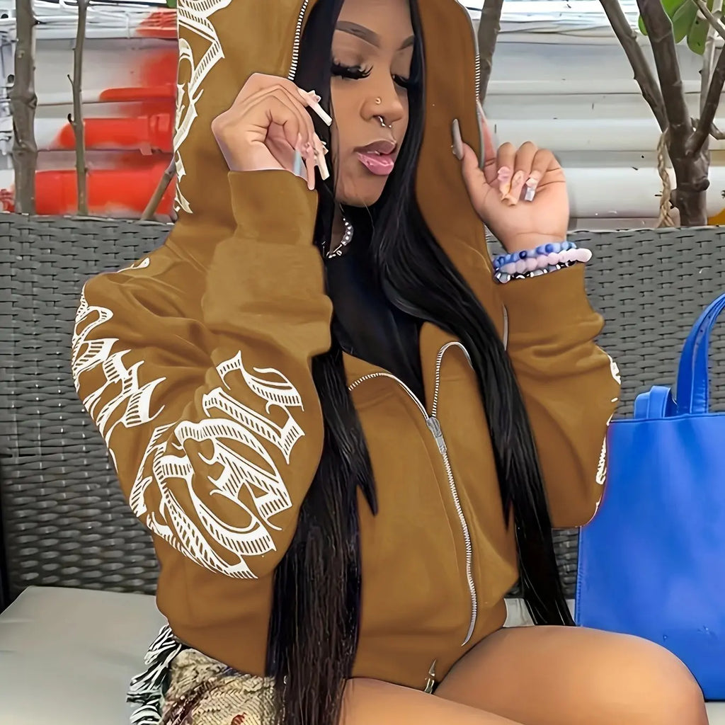 Y2K Cyber Gothic Punk Zip-Up Hoodie — Letter Print Long Sleeve Streetwear