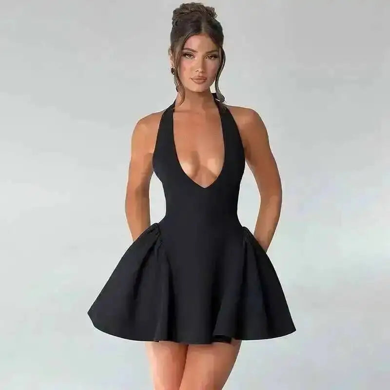 Y2K Veluxe Halo Mini Dress — Backless V-Neck A-Line Party Dress