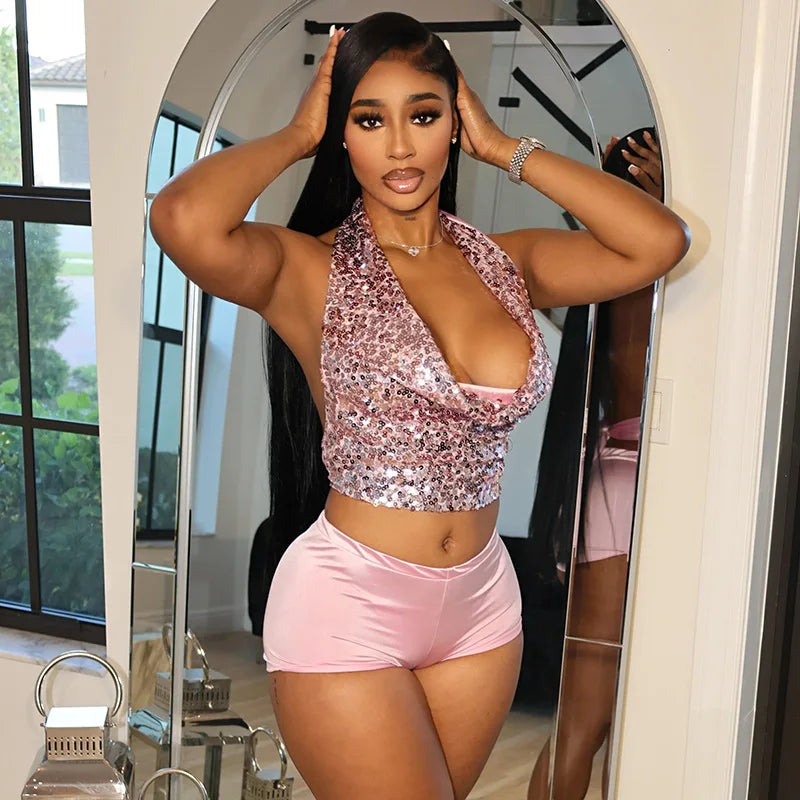 Y2K Wild Heat Set —  Sequin Deep-V Crop Top + Shorts Two-Piece Outfit