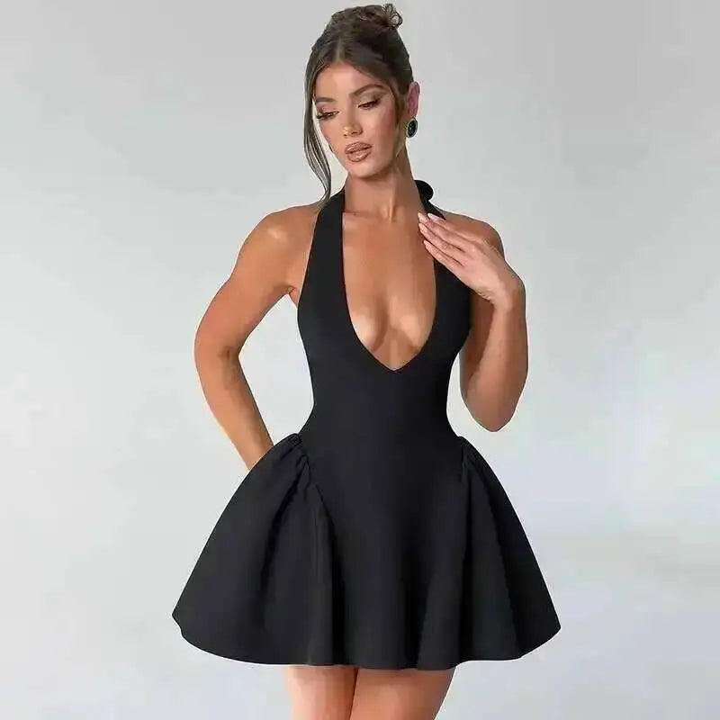 Y2K Veluxe Halo Mini Dress — Backless V-Neck A-Line Party Dress