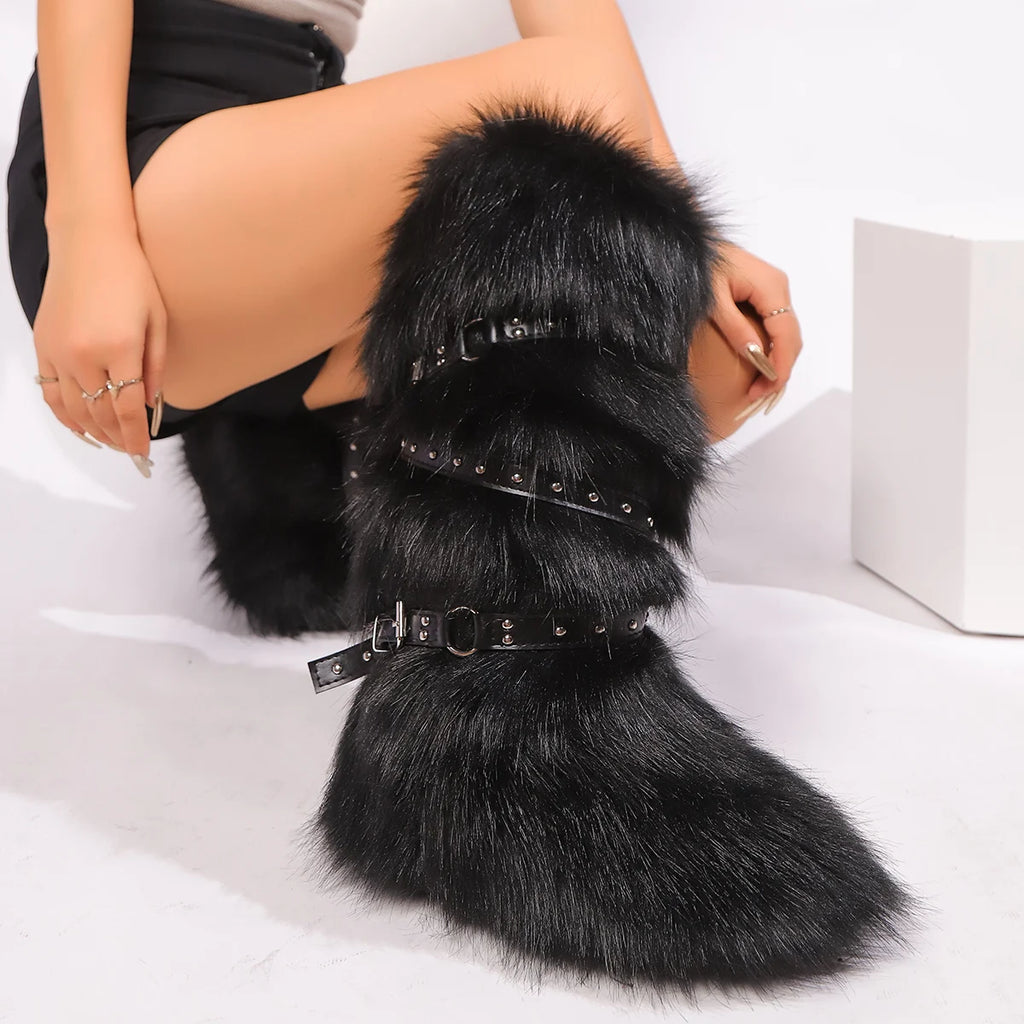 Y2K Snow Bunny Plush Boots — Faux Fur Platform Long Boots