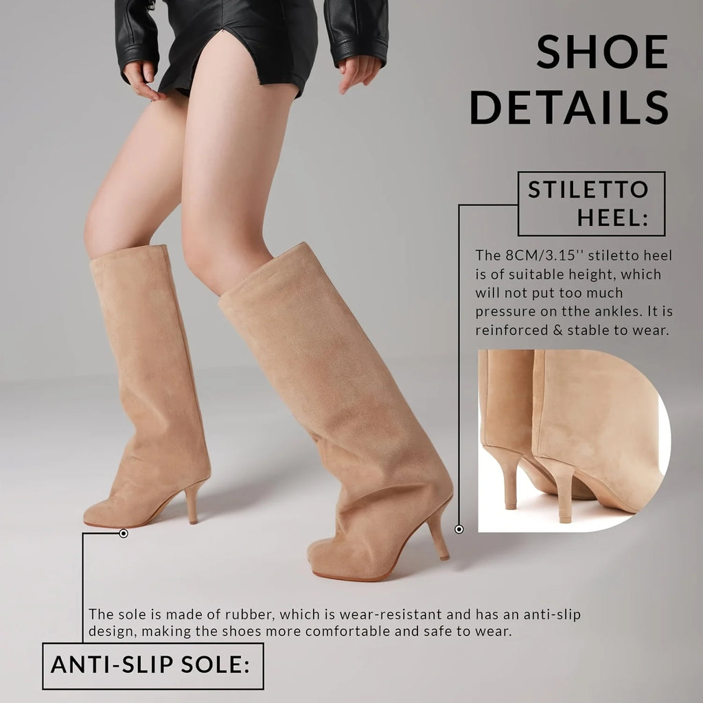 Y2K Suede Knee-High Boots — Square Toe Stiletto Heels for Party & Street Style