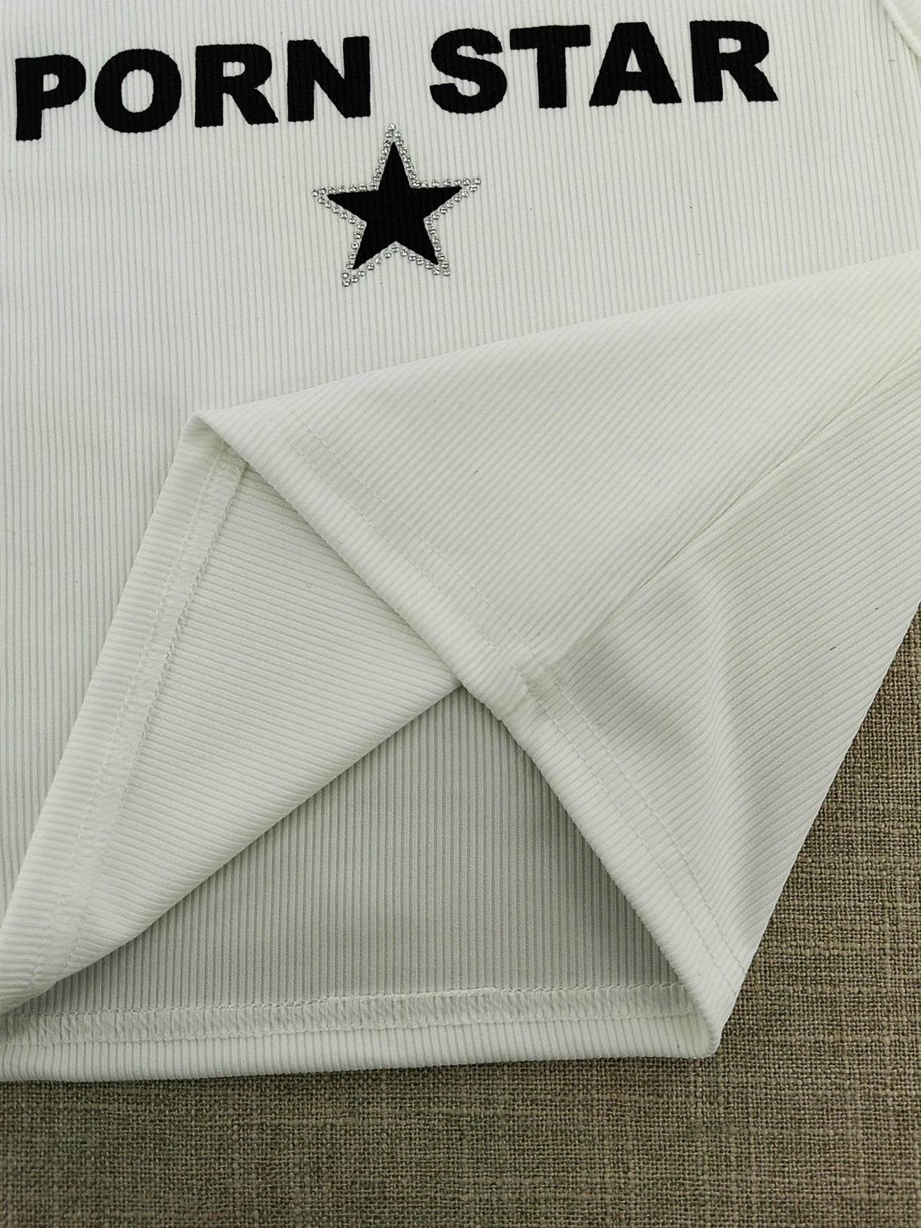 Y2K “Porn Star” Star Baby Tank — Graphic White Crop Top