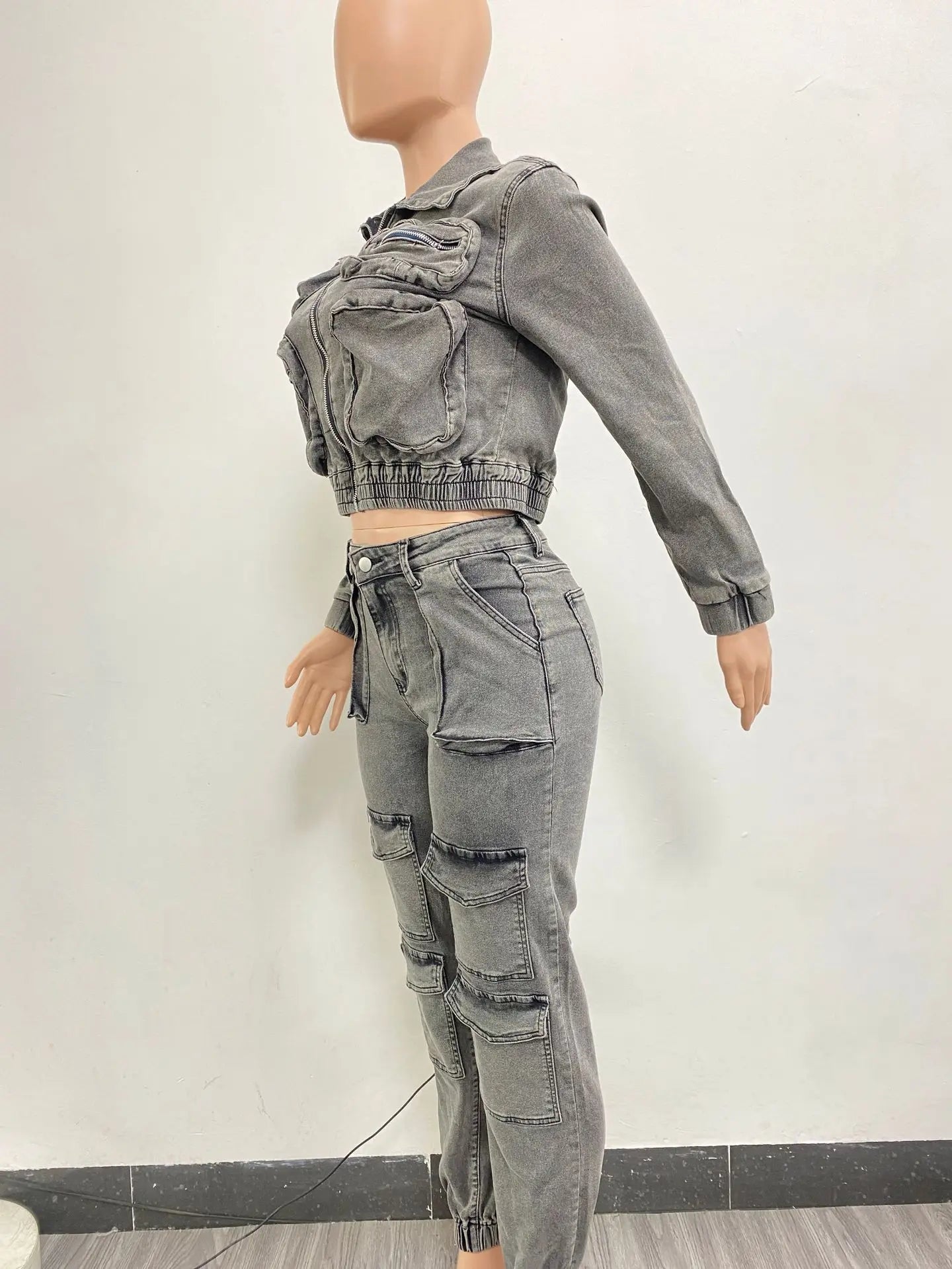 Y2K Urban Alloy Set — High Street Denim Spliced Tracksuit (Wulend Two-Piece Zip-Up Cargo Pants & Jacket)