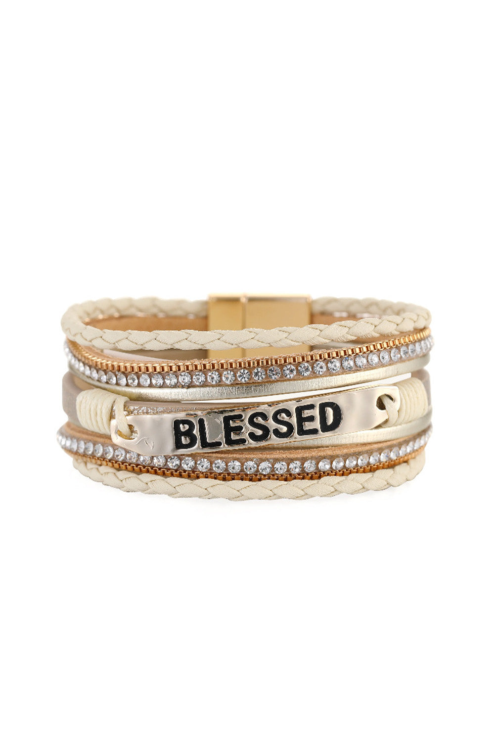 Y2K Beige BLESSED Rhinestone Braided Detail Buckle Bracelet