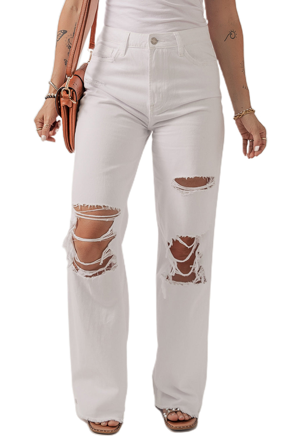Y2K Bright White Heavy Distressed Straight Leg Jeans
