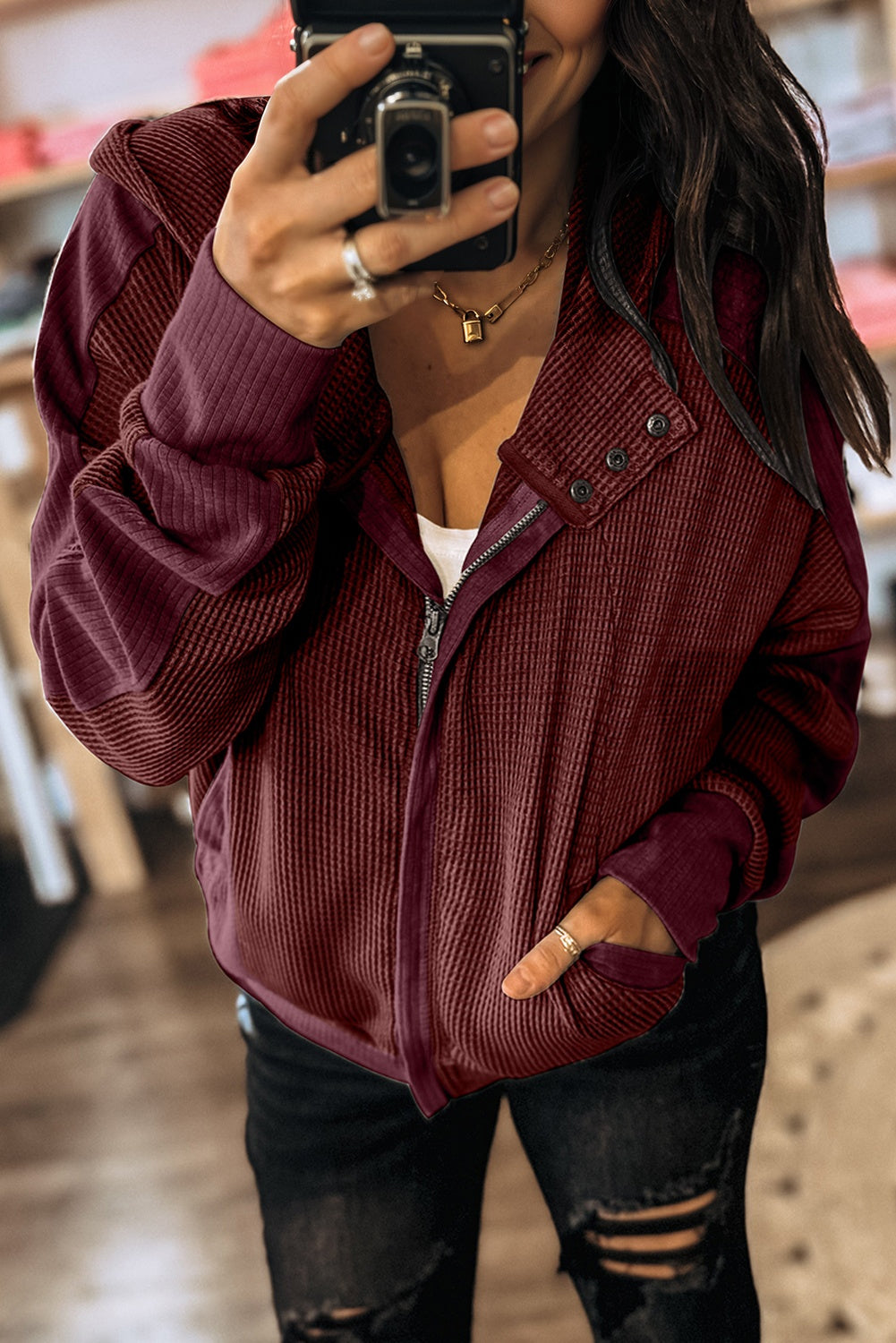 Y2K Burgundy Waffle Splicing Zip Up Front Button Hooded Jacket