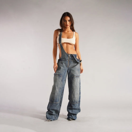 Y2K Zipper Denim Overalls With Pockets Fashion Loose Suspender