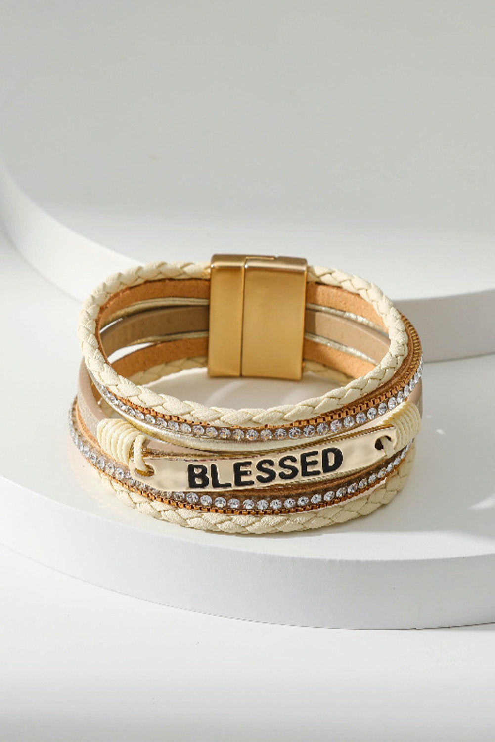 Y2K Beige BLESSED Rhinestone Braided Detail Buckle Bracelet