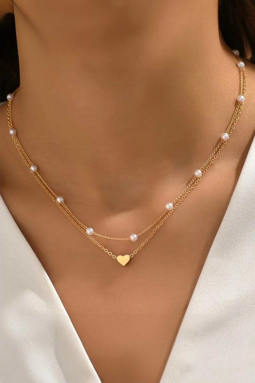 Y2K Gold Plated Heart and Pearl Detail 2pcs Layered Necklace