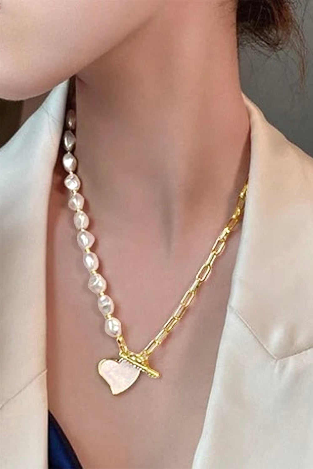Y2K Gold Heart Shape Pendant Rhinestone Decor Pearl Chain Necklace