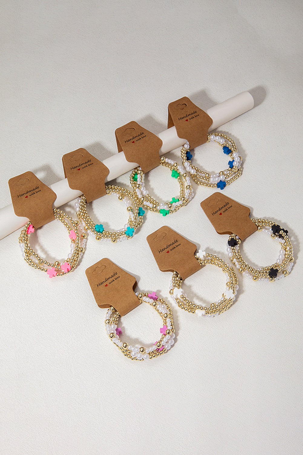 Y2K White Cross Pearl Decor Beaded Elastic Multi Layered Bracelet